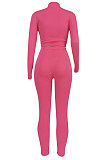 Rose Red Women Pure Color Long Sleeve Zipper Sexy Sport Bodycon Pants Sets ED8528-3