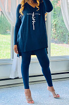 Blue Euramerican Women Letters Printing Irregular V Collar Ruffle Casual Pants Sets DY66181-5