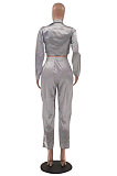 Silvet White Luxe Preppy Pure Color Long Sleeve Lapel Neck Single-Breasted Dew Waist Shirts Trousers Sets LSZ91193