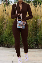 Coffee Women Pure Color Long Sleeve Zipper Sexy Sport Bodycon Pants Sets ED8528-5