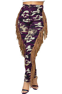 Purple Casual Camouflage Printed Hole Tassel Slim Fitting Jean Pants CM2161-1