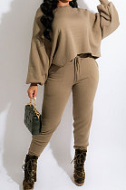 Army Green Modest New Puff Sleeve Irregularity Hoodie Tops Jogger Pants Plain Color Suit CM2165-3
