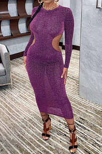 Purple Euramerican Women Fashion Sexy Dew Waist Perspectivity Round Collar Mid Waist Midi Dress ED8530-1
