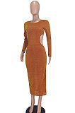 Purple Euramerican Women Fashion Sexy Dew Waist Perspectivity Round Collar Mid Waist Midi Dress ED8530-1