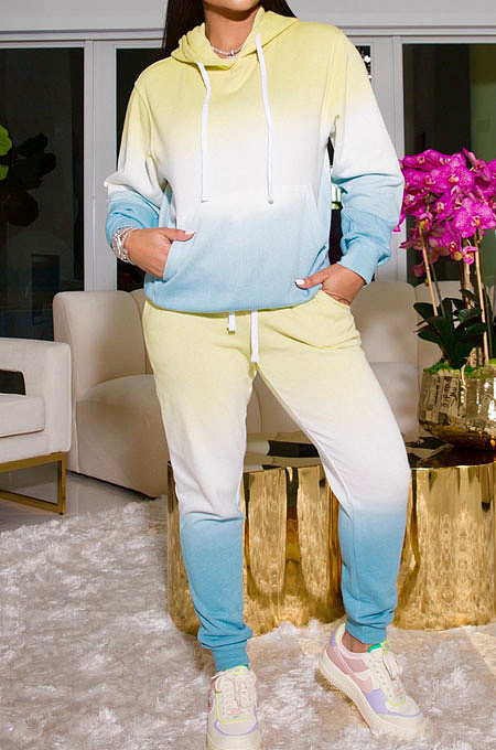 Yellow Simple Gradient Printed Long Sleeve Loose Hoodie Tops Jogger Pants Sets BBN215-2