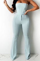 Light Blue Sexy Night Club Pure Color Zip Back Strapless Flare Pants Slim Fitting Suit CM2162-7