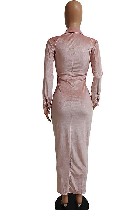 Khaki Women Fashion Sexy Long Sleeve Solid Color Shirred Detail Single-Breasted Tight T Shirt/Shirt Dress DY6950-1