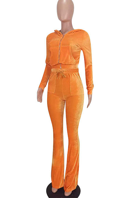 Wholesale-product | Orange Women Solid Color Pleuche Casual Hoodie Zipper Wide Leg Pants Sets ED8527-3