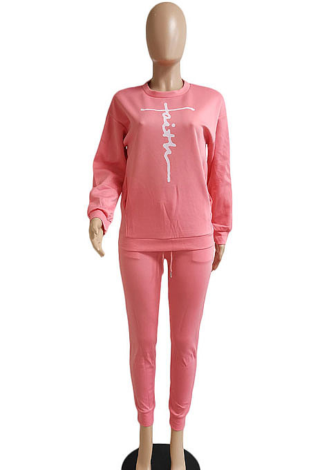 Blue Women Letters Printing Solid Color Pullover Pants Sets DY66301-5
