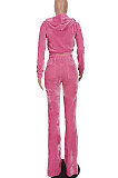 Wholesale-product | Pink Women Solid Color Pleuche Casual Hoodie Zipper Wide Leg Pants Sets ED8527-1