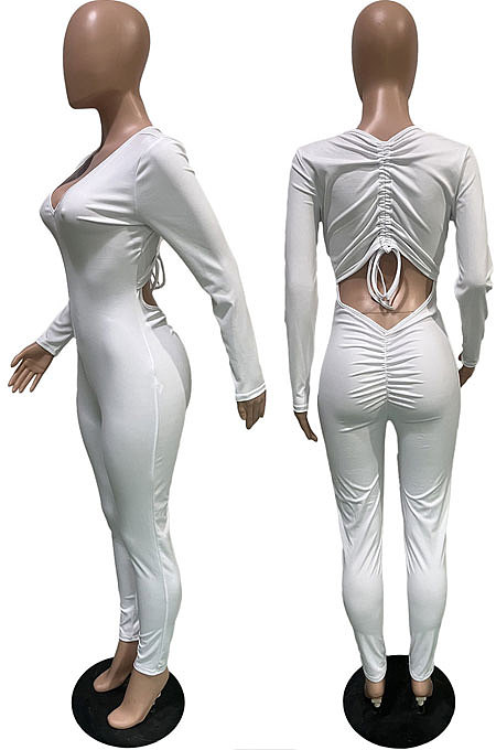 Orange New Cotton Blend Long Sleeve Back Drawsting Ruffle Slim Fitting Jumpsuits BBN212-1