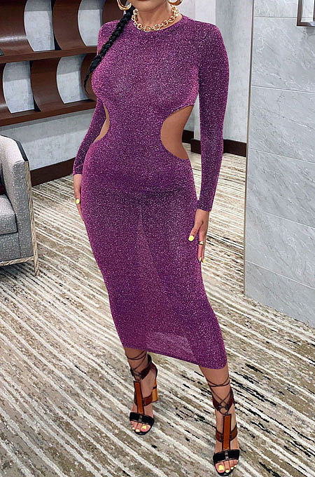 Brown Euramerican Women Fashion Sexy Dew Waist Perspectivity Round Collar Mid Waist Midi Dress ED8530-3