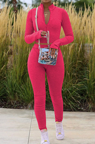 Orange Women Pure Color Long Sleeve Zipper Sexy Sport Bodycon Pants Sets ED8528-1