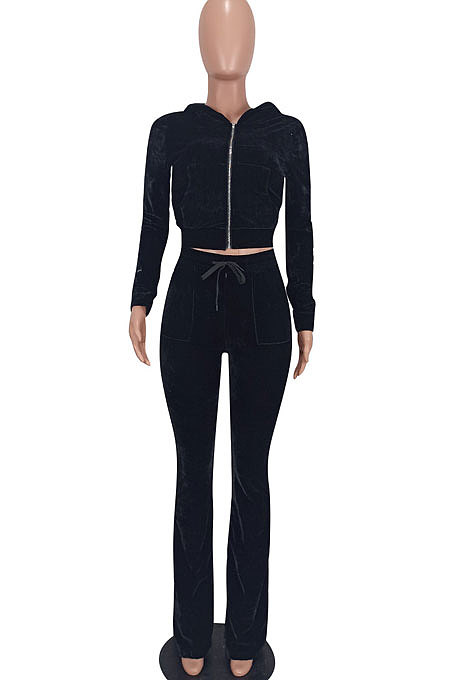 Wholesale-product | Pink Women Solid Color Pleuche Casual Hoodie Zipper Wide Leg Pants Sets ED8527-1