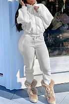 White Women Fleece Velvet Pure Color Long Sleeve Zipper Sport Casual Pants Sets NK265-1