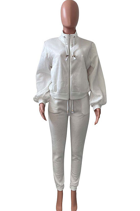 White Women Fleece Velvet Pure Color Long Sleeve Zipper Sport Casual Pants Sets NK265-1