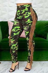 Neon Green Casual Camouflage Printed Hole Tassel Slim Fitting Jean Pants CM2161-4