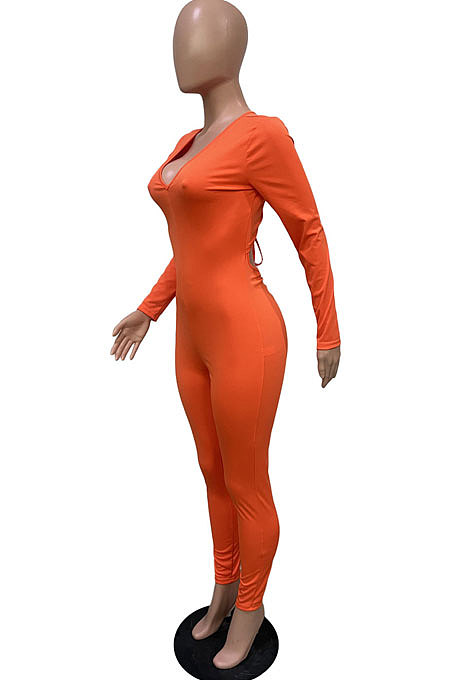 White New Cotton Blend Long Sleeve Back Drawsting Ruffle Slim Fitting Jumpsuits BBN212-2