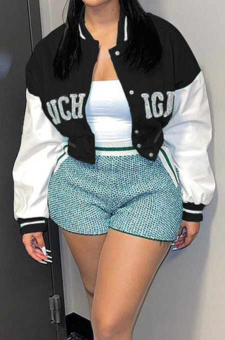 Black Casual Sport Webbing Spliced Letter Printed Baseball Jacket Coat LSZ91192-1