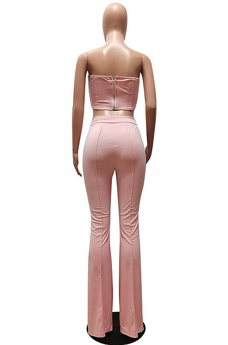 Pink Sexy Night Club Pure Color Zip Back Strapless Flare Pants Slim Fitting Suit CM2162-5