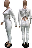 Brown  New Cotton Blend Long Sleeve Back Drawsting Ruffle Slim Fitting Jumpsuits BBN212-5