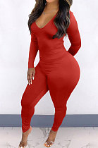 Red New Cotton Blend Long Sleeve Back Drawsting Ruffle Slim Fitting Jumpsuits BBN212-4