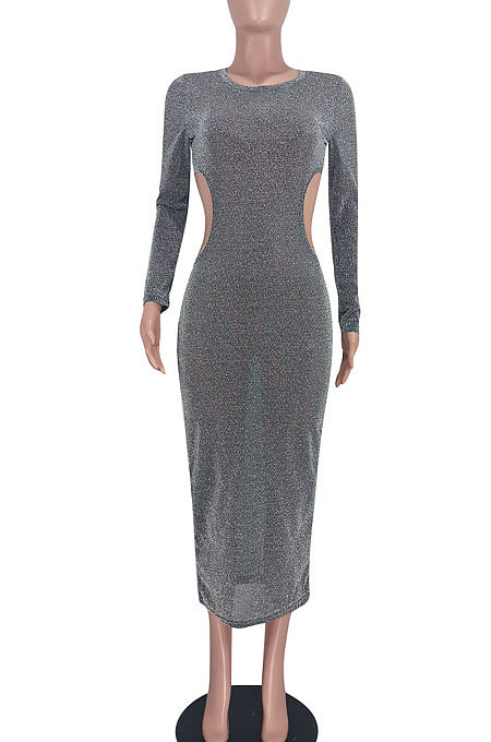 Purple Euramerican Women Fashion Sexy Dew Waist Perspectivity Round Collar Mid Waist Midi Dress ED8530-1