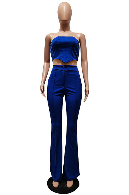 Coffee Sexy Night Club Pure Color Zip Back Strapless Flare Pants Slim Fitting Suit CM2162-1