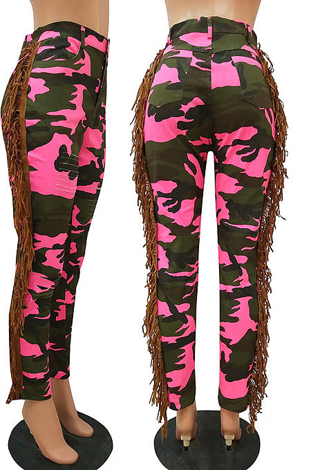 Purple Casual Camouflage Printed Hole Tassel Slim Fitting Jean Pants CM2161-1