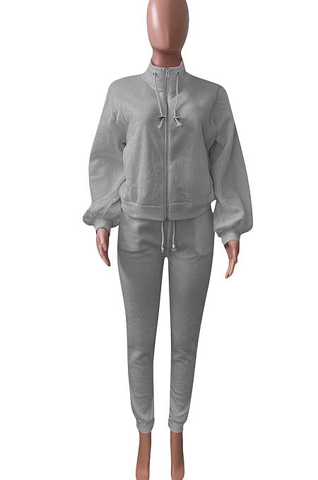 White Women Fleece Velvet Pure Color Long Sleeve Zipper Sport Casual Pants Sets NK265-1