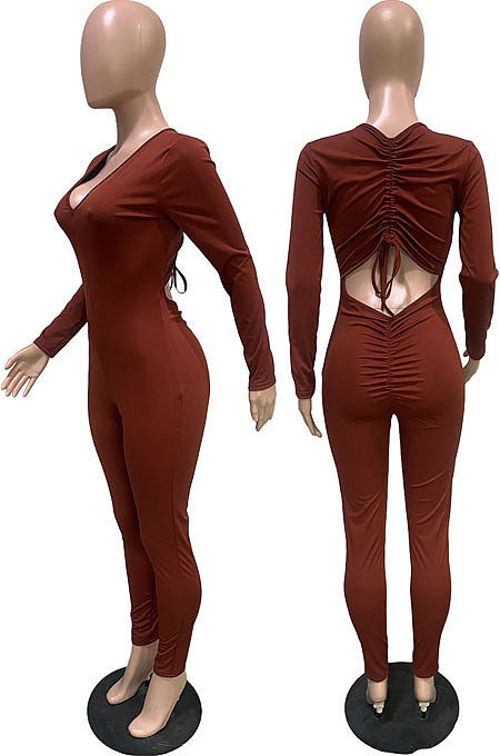 Orange New Cotton Blend Long Sleeve Back Drawsting Ruffle Slim Fitting Jumpsuits BBN212-1