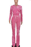 Wholesale-product | Orange Women Solid Color Pleuche Casual Hoodie Zipper Wide Leg Pants Sets ED8527-3