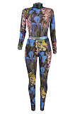 Blue Women Autumn Winter Tiger Printing Mesh Spaghetti Pants Sets BYQ3112