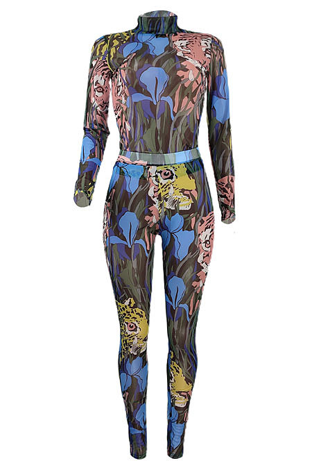 Blue Women Autumn Winter Tiger Printing Mesh Spaghetti Pants Sets BYQ3112