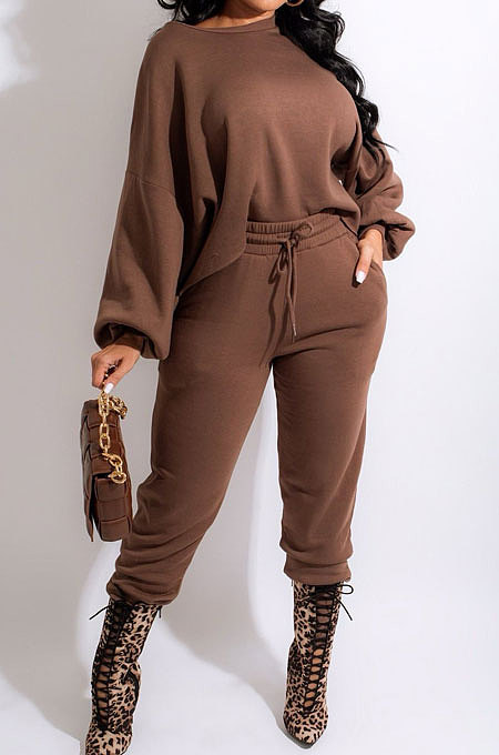 Apricot Modest New Puff Sleeve Irregularity Hoodie Tops Jogger Pants Plain Color Suit CM2165-1