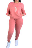 Orange Women Letters Printing Solid Color Pullover Pants Sets DY66301-2