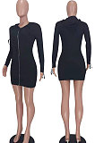 Black Women Long Sleeve Hoodie Pure Color Zipper Bodycon Ribber Mini Dress ED8529-2