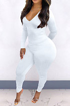 White New Cotton Blend Long Sleeve Back Drawsting Ruffle Slim Fitting Jumpsuits BBN212-2