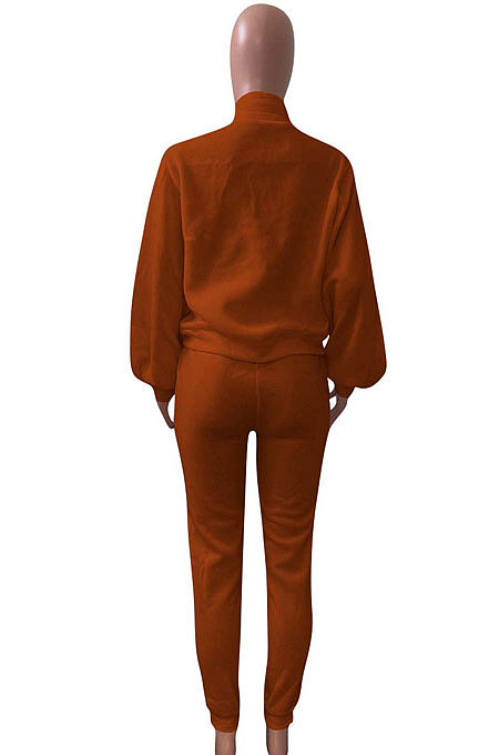 Gray Women Fleece Velvet Pure Color Long Sleeve Zipper Sport Casual Pants Sets NK265-3