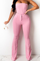 Pink Sexy Night Club Pure Color Zip Back Strapless Flare Pants Slim Fitting Suit CM2162-5
