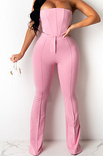 Pink Sexy Night Club Pure Color Zip Back Strapless Flare Pants Slim Fitting Suit CM2162-5