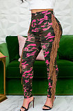 Purple Casual Camouflage Printed Hole Tassel Slim Fitting Jean Pants CM2161-1