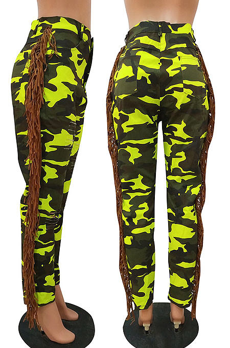 Neon Green Casual Camouflage Printed Hole Tassel Slim Fitting Jean Pants CM2161-4