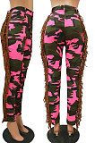 Neon Green Casual Camouflage Printed Hole Tassel Slim Fitting Jean Pants CM2161-4