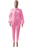 White Women Fleece Velvet Pure Color Long Sleeve Zipper Sport Casual Pants Sets NK265-1