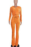 Wholesale-product | Pink Women Solid Color Pleuche Casual Hoodie Zipper Wide Leg Pants Sets ED8527-1