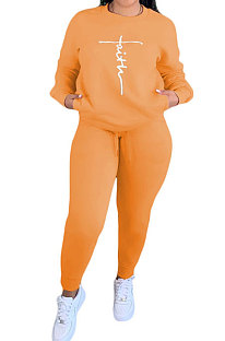 Orange Women Letters Printing Solid Color Pullover Pants Sets DY66301-2