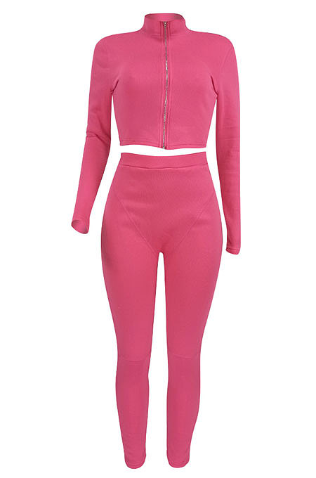 Black Women Pure Color Long Sleeve Zipper Sexy Sport Bodycon Pants Sets ED8528-2