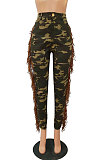 Neon Green Casual Camouflage Printed Hole Tassel Slim Fitting Jean Pants CM2161-4