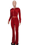 Wholesale-product | Pink Women Solid Color Pleuche Casual Hoodie Zipper Wide Leg Pants Sets ED8527-1